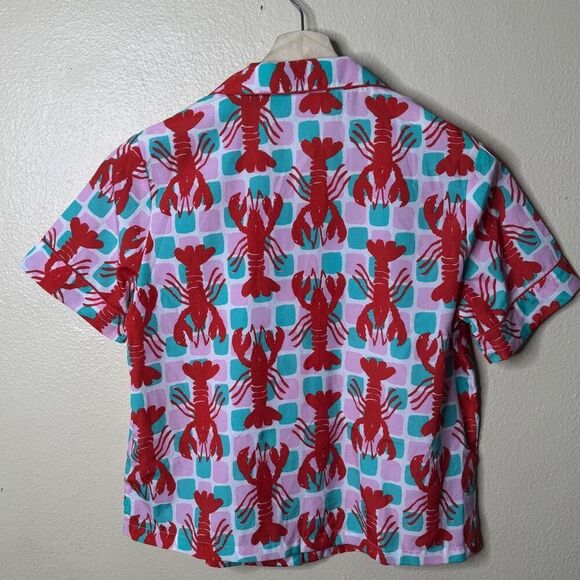 Bouffants & Broken Hearts Pajama Top Small Button Up Short Sleeve Lobsters Print - Picture 6 of 6